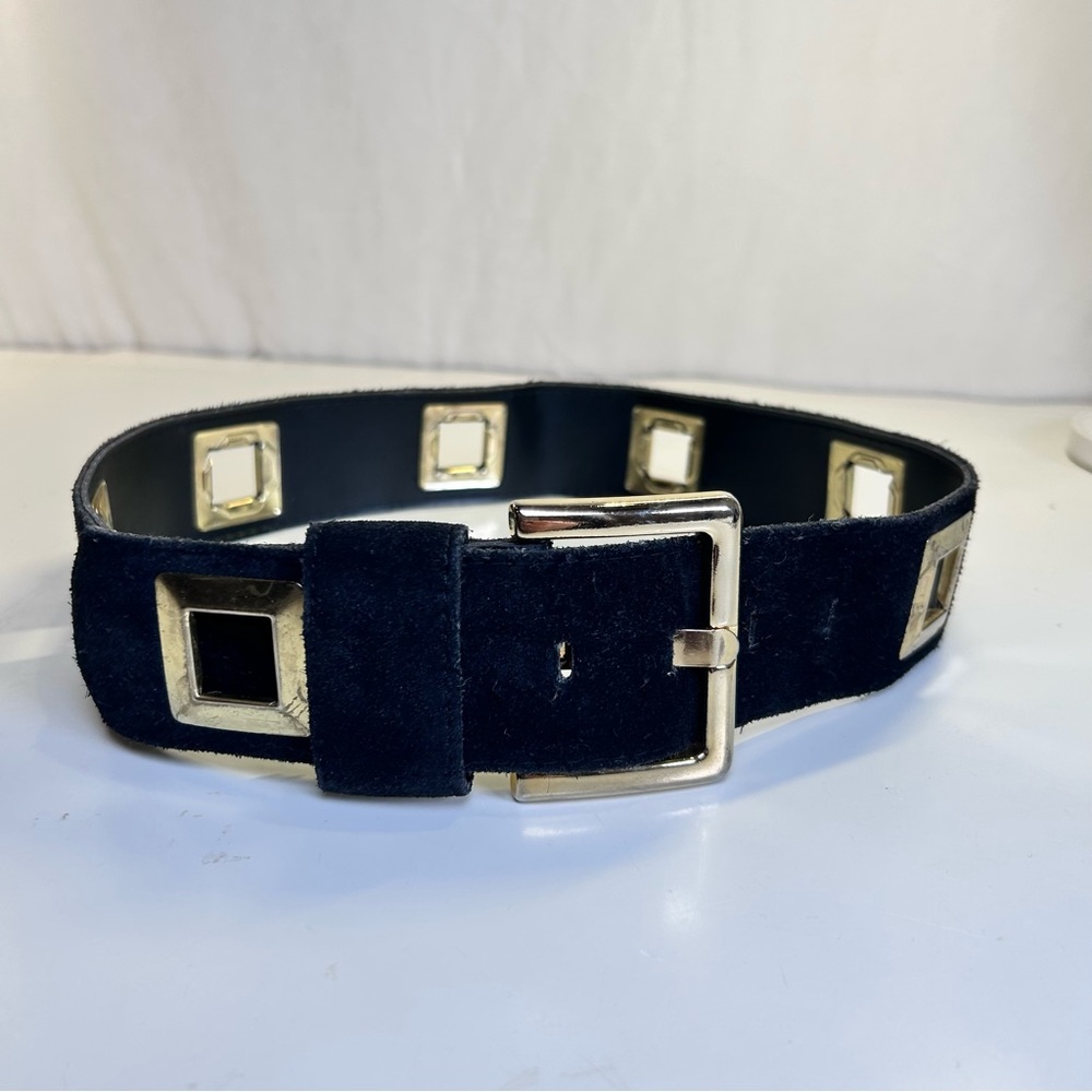 Vintage Black Suede Wide Leather Belt Gold Square Cutouts and Buckle. Size S